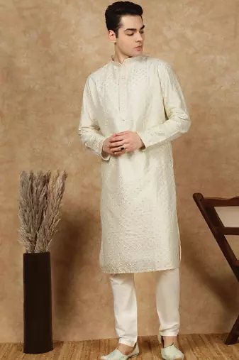 Off white polysilk sequins kurta pajama for mens