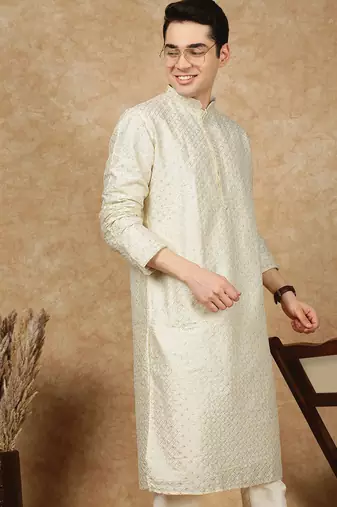 Off white polysilk sequins kurta pajama for mens