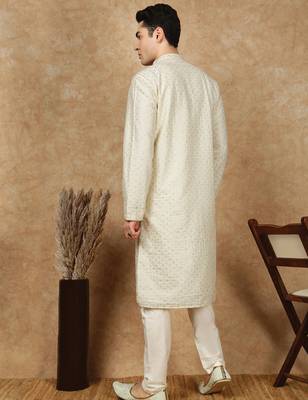 Off white polysilk sequins kurta pajama for mens 4