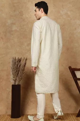Off white polysilk sequins kurta pajama for mens