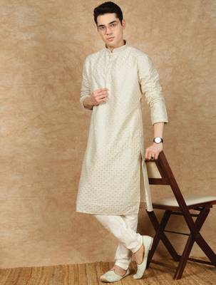 Off white polysilk sequins kurta pajama for mens 5
