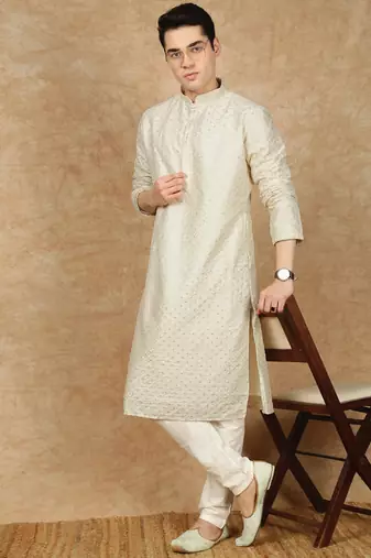 Off white polysilk sequins kurta pajama for mens