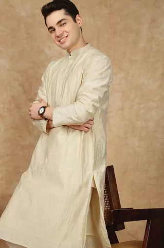 Beige silk blend sequins kurta pajama for mens