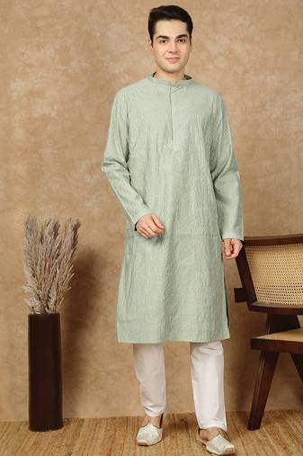 Green silk blend sequins kurta pajama for mens