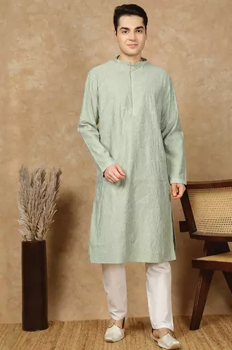Green silk blend sequins kurta pajama for mens