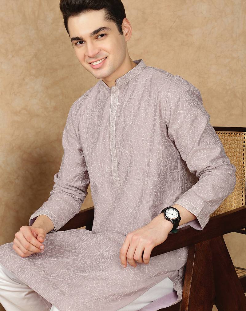 Mauve silk blend sequins kurta pajama for mens