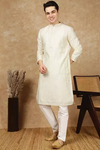 Off white silk blend sequins kurta pajama for mens