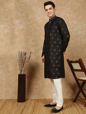 Black silk blend sequins kurta pajama for mens 1