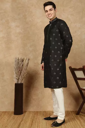 Black silk blend sequins kurta pajama for mens