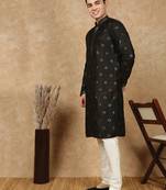 Black silk blend sequins kurta pajama for mens