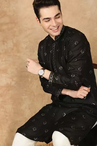 Black silk blend sequins kurta pajama for mens