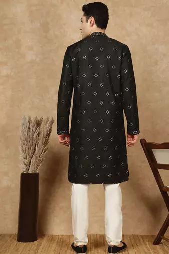 Black silk blend sequins kurta pajama for mens