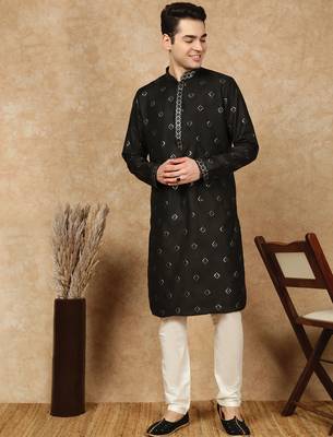 Black silk blend sequins kurta pajama for mens 5