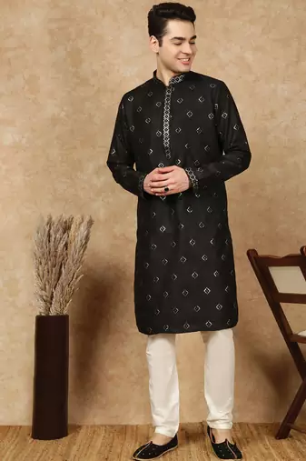 Black silk blend sequins kurta pajama for mens