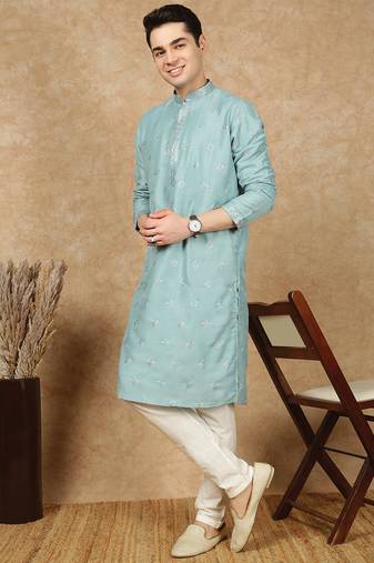 Sea green silk blend sequins kurta pajama for mens