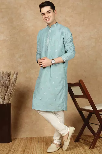Sea green silk blend sequins kurta pajama for mens