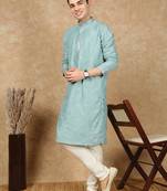 Blue silk blend sequins kurta pajama for mens