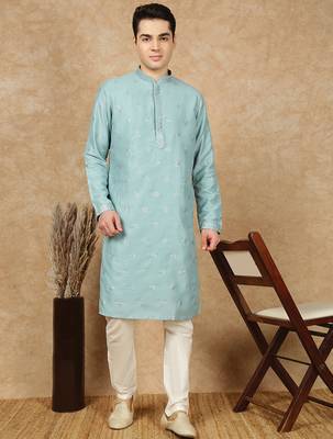 Blue silk blend sequins kurta pajama for mens 2