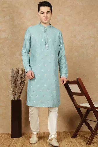 Blue silk blend sequins kurta pajama for mens