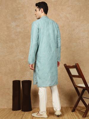 Blue silk blend sequins kurta pajama for mens 4