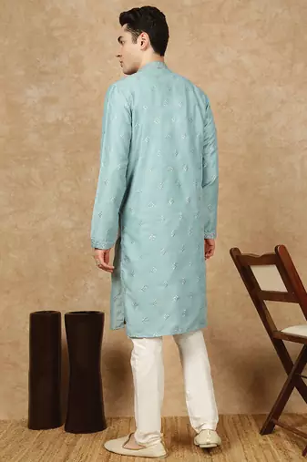 Blue silk blend sequins kurta pajama for mens