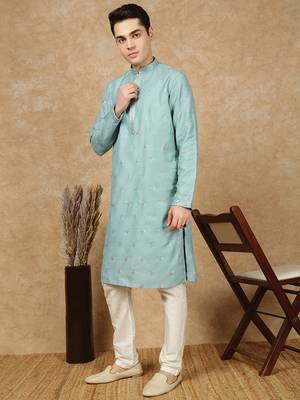Blue silk blend sequins kurta pajama for mens 5