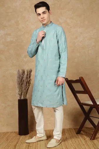 Blue silk blend sequins kurta pajama for mens