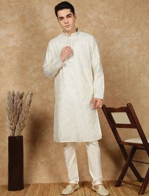 Cream silk blend sequins kurta pajama for mens 1