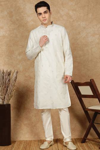 Cream silk blend sequins kurta pajama for mens