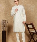Cream silk blend sequins kurta pajama for mens