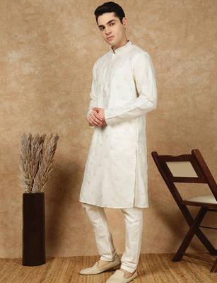 Cream silk blend sequins kurta pajama for mens 2