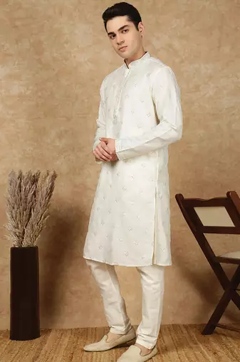 Cream silk blend sequins kurta pajama for mens