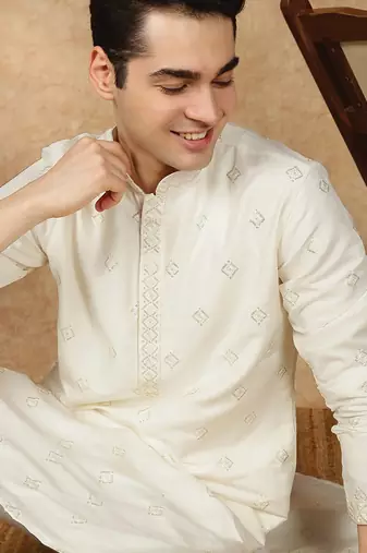 Cream silk blend sequins kurta pajama for mens
