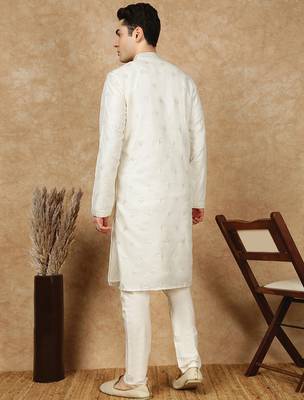 Cream silk blend sequins kurta pajama for mens 4