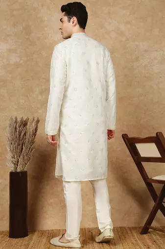 Cream silk blend sequins kurta pajama for mens