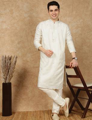Cream silk blend sequins kurta pajama for mens 5