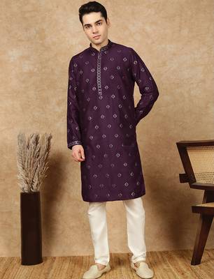 Purple silk blend sequins kurta pajama for mens 1