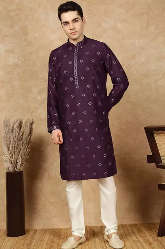 Purple silk blend sequins kurta pajama for mens