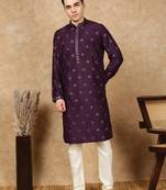 Purple silk blend sequins kurta pajama for mens