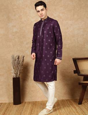 Purple silk blend sequins kurta pajama for mens 3