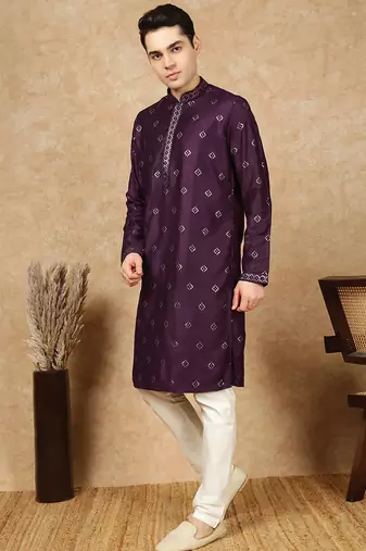 Purple silk blend sequins kurta pajama for mens