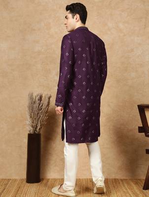 Purple silk blend sequins kurta pajama for mens 4