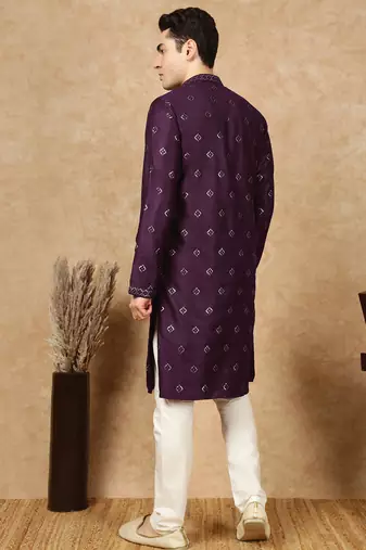 Purple silk blend sequins kurta pajama for mens