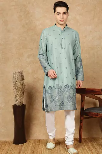 Sea green cotton floral kurta pajama for mens