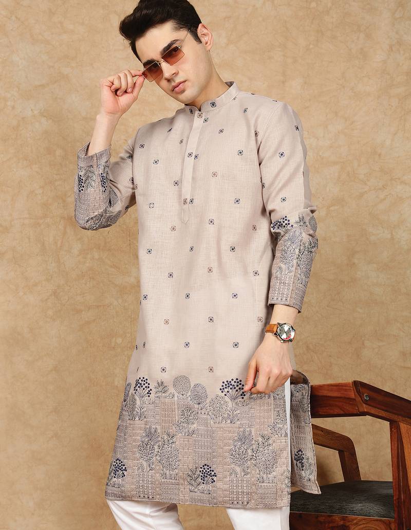 Deep beige cotton floral kurta pajama for mens