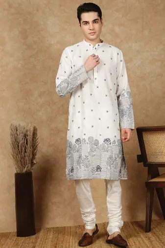 Off white cotton floral kurta pajama for mens