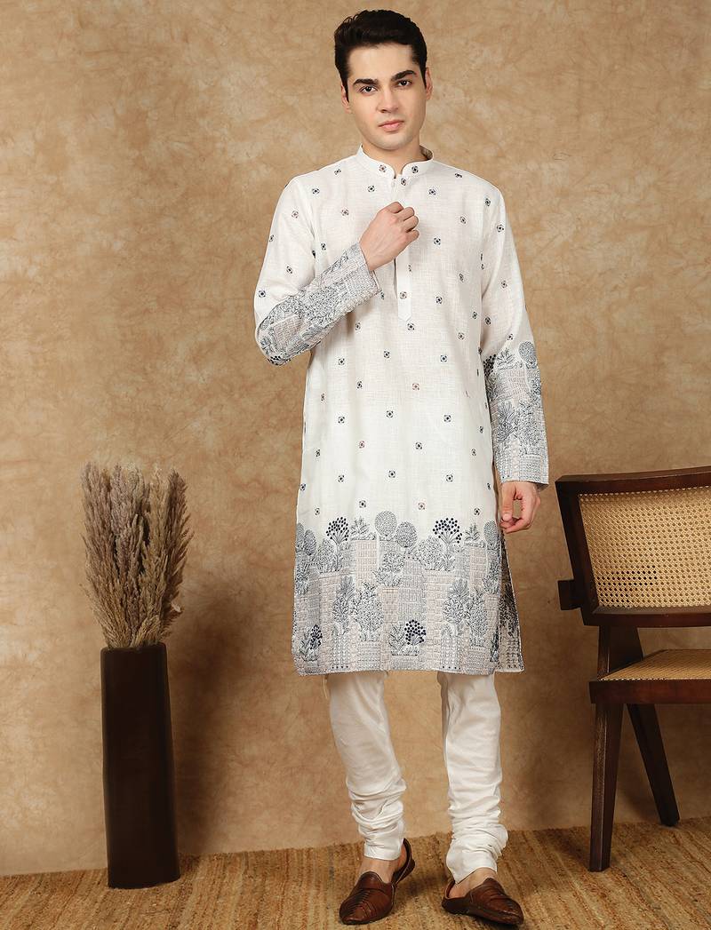 Off white cotton floral kurta pajama for mens