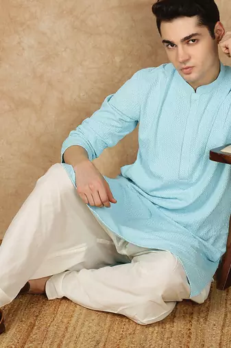 blue rayon floral kurta pajama for mens