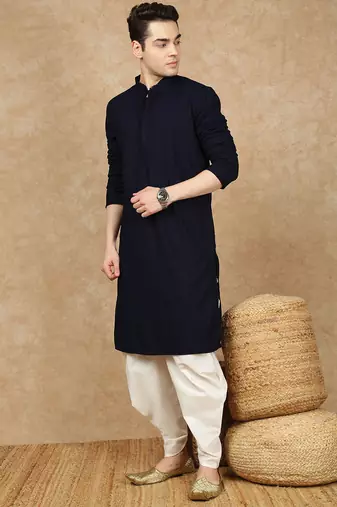 Deep blue rayon floral kurta pajama for mens