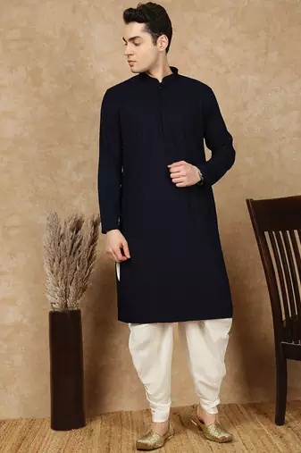 Deep blue rayon floral kurta pajama for mens